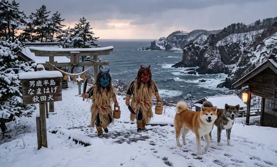 Editorial montage of a snowy coast, Namahage figures and Akita dogs.