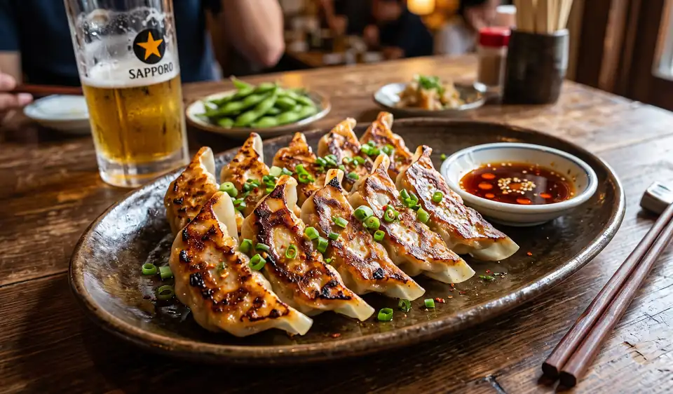 Editorial illustration of pan-fried gyoza served at a casual table.